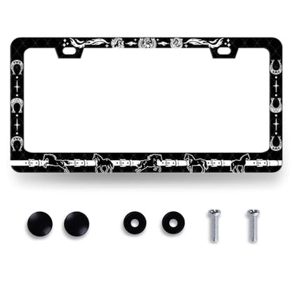 Horse License Plate Frame Stainless Steel Horseshoe License Plate Holder (Retro Black White Horseshoe Horse)
