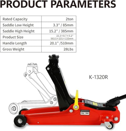 2 Ton Low Profile Floor Jack (Red - 2 Ton(Single Pump), Lift 3.3"-15.2")