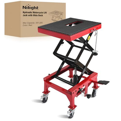 Motorcycle Lift Table Jack 300 LBS Heavy Duty Hydraulic Motorcycle Scissor Jack Lifts Table Foot Pedal with 4 Caster Wheels Wide Deck for Motorbike Dirt Bike ATV Garage Repair Tool (Red Hydraulic Lift Table)
