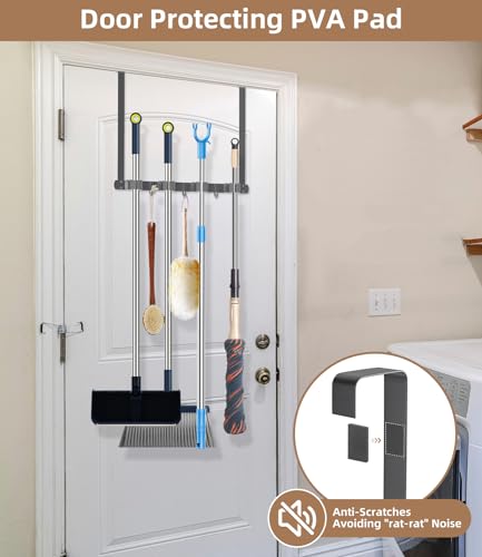 Broom Holder Over The Door with Hooks (Space grey)