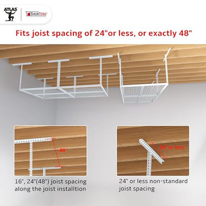 The Atlas 4 x 8 ft Adjustable Height Overhead Garage Storage Rack 900 lbs Heavy Duty Capacity White (900lbs - White)