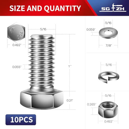 5/16-18 x 1" Hex Head Screw Bolt, Nuts, Flat & Lock Washers, 10Pcs 18-8 (304) Stainless Steel, Fully Threaded, by SG TZH (5/16-18 x 1" / Silver)