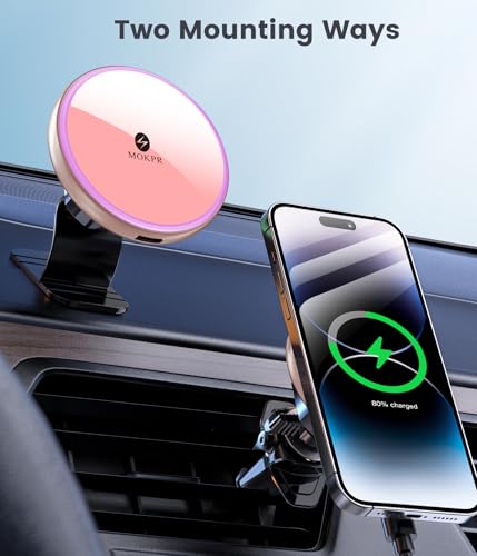 for Magsafe Car Mount Charger 15W LED RGB Car Phone Holder for Dash Vent (Pink)