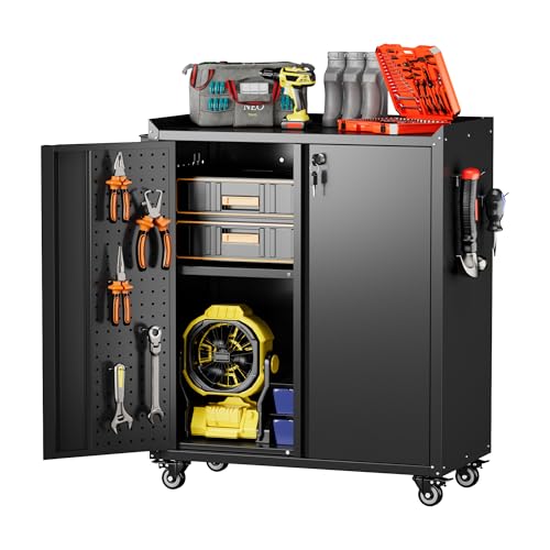 Metal Rolling Garage Storage Cabinet with Wheels (Black / 13.8"D x 26"W x 31.5"H)
