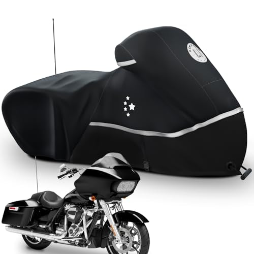 Motorcycle Cover 420D Heavy Duty Storage for Touring Models Harley Davidson Road King (Black / 107“ - Side Box)