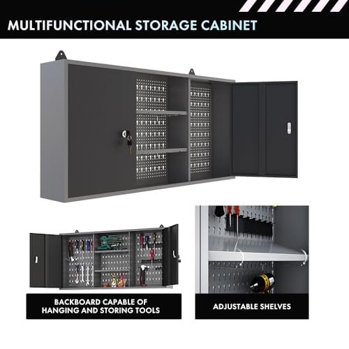Garage Tool Storage Cabinet Workbench Desk with Wood Top Wall Pegboards