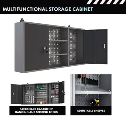 Garage Tool Storage Cabinet Workbench Desk with Wood Top Wall Pegboards