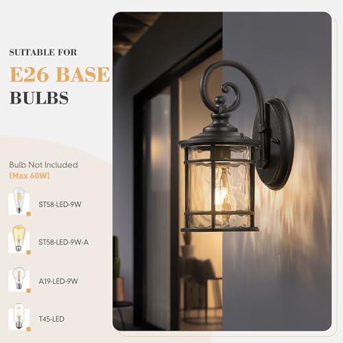 Outdoor Wall Sconces 2 Pack (Black - Water Ripple Glass / 12.4 Inch)