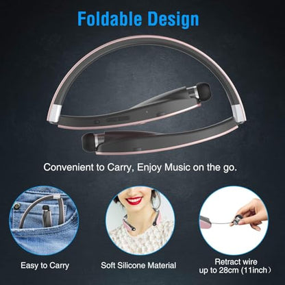 Foldable Bluetooth Headphones Wireless Neckband Headset with Retractable Earbuds (Rose Gold)