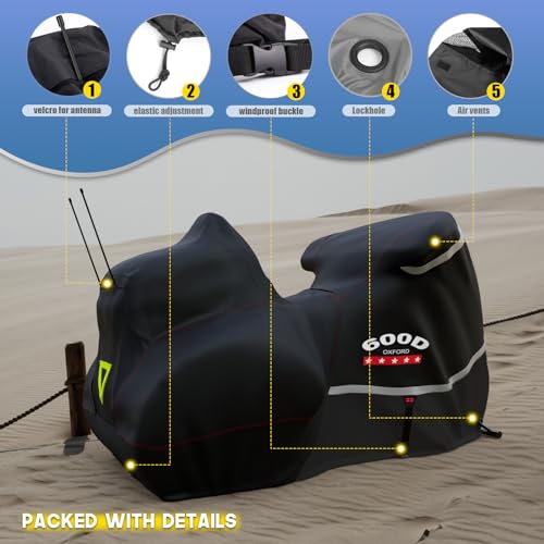 Motorcycle Cover with Side+Top Box Heavy Duty 600D Waterproof for Touring Models Harley Davidson Ultra Limited (Black / Side+Top box)