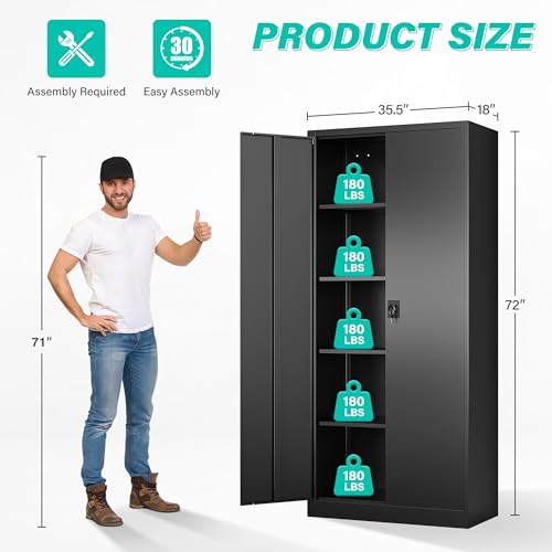 Wide & Deep Metal Storage Cabinet with Lock & 5 Shelves (72"H x 36"W x 18"D / Black)