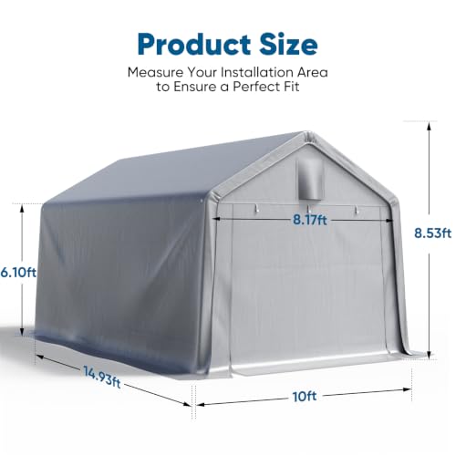 10x15FT Carport Storage Shelter Large Shed with Roll (10'X15' / Silver Gray)