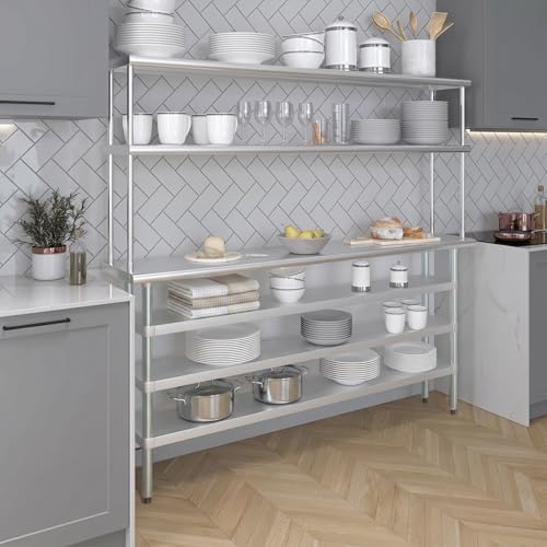 14" x 72" Stainless Steel Work Table with 3 Shelves and 12" Wide Double Tier Overshelf (14" x 72" Table with 3 Shelves + 12" Overshelf)