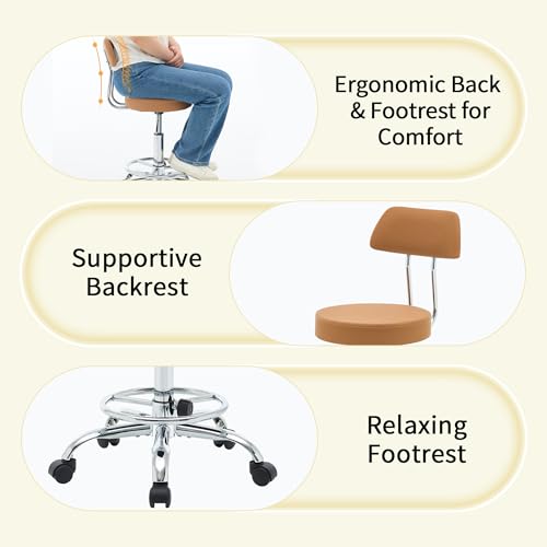 Rolling Stool with Back (Camel Brown / With Back & Footrest)