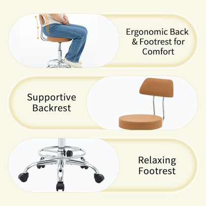 Rolling Stool with Back (Camel Brown / With Back & Footrest)