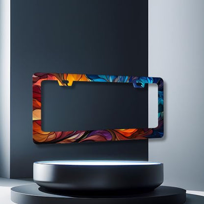 Stainless Steel Colorful Abstract Leaf License Plate Frame 12.3 x 6.3 Inch (Colorful Abstract Leaf Patterns)