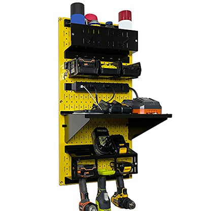 Power Tool Storage Organizer Kit Cordless Drill Holder Charging Station Rack 16” x 32” Metal Pegboard Organization System (Yellow Pegboard)