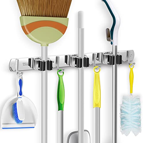 Broom Holder Wall Mount Stainless Steel Mop Organizer (Stainless Steel - 3 Racks with 4 Hooks / 1 Pack)