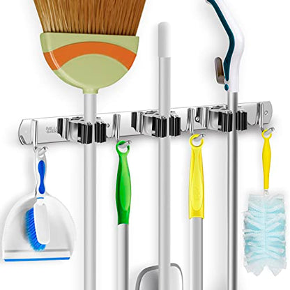 Broom Holder Wall Mount Stainless Steel Mop Organizer (Stainless Steel - 3 Racks with 4 Hooks / 1 Pack)