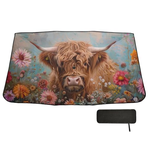 Windshield Sun Shade Umbrella Highland Cows Florals Foldable Car Front Window Sunshade Blocks UV Rays Heat Keep Vehicle Cool 55"x27.5" (multi 9)