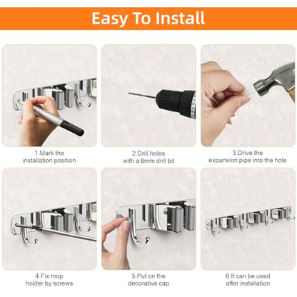 2 Pack Mop and Broom Holder Wall Mount for Kitchen Garage Laundry Room (Silver / 2 Pack 4 Racks with 5 Hooks)