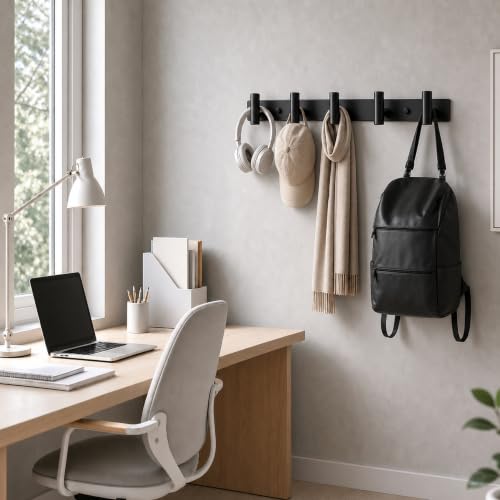 Coat Rack Wall Mounted with 5 Hooks ("T" Shape 5 Hooks - 2 Pack / Black)