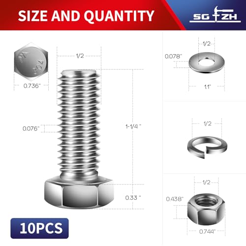 1/2-13 x 1-1/4" Hex Head Screw Bolt, Nuts, Flat & Lock Washers, 10Pcs 18-8 (304) Stainless Steel, Fully Threaded, by SG TZH (1/2-13 x 1-1/4" / Silver)