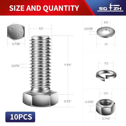 1/2-13 x 1-1/4" Hex Head Screw Bolt, Nuts, Flat & Lock Washers, 10Pcs 18-8 (304) Stainless Steel, Fully Threaded, by SG TZH (1/2-13 x 1-1/4" / Silver)