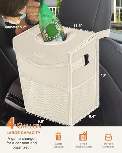 Car Trash Can with Lid Leakproof Car Garbage Bag Vehicle Trash Bin (4 Gallons / Beige)