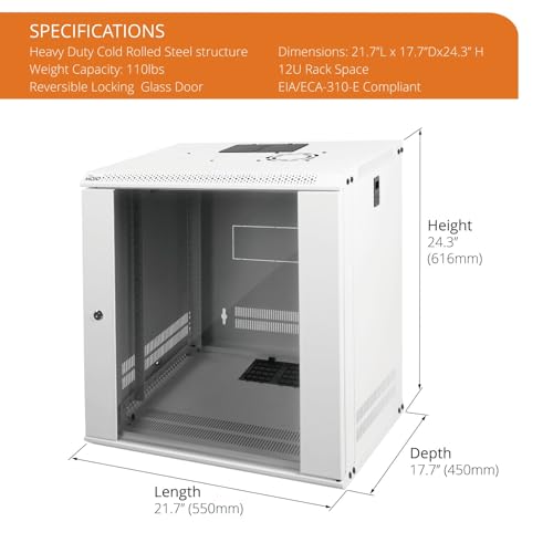 12U Wall Mount Rack Network Cabinet for 19" IT Equipment (12U/Glass Door/White)