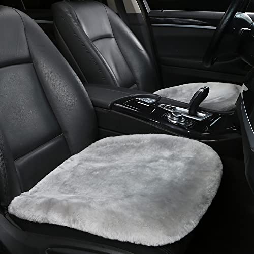 Genuine Sheepskin Car Seat Cushion Seat Covers for Cars Trucks SUV Comfort Seat Protector Pad for Car Driver Seat Car Accessories for Women Office Chair Car Decor (Grey / Front Seat Cushions-2 Pcs)