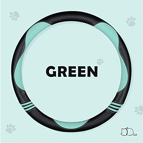 Car Steering Wheel Covers for Women Girl Padded Carbon Fiber PU Leather Cute Cartoon Auto Interior Accessories for Jeep (Green+Black / Large Size[15.2-16"](38.6-40.5cm))