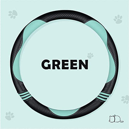 Car Steering Wheel Covers for Women Girl Padded Carbon Fiber PU Leather Cute Cartoon Auto Interior Accessories for Jeep (Green+Black / Large Size[15.2-16"](38.6-40.5cm))