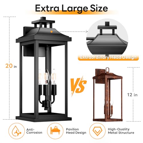 20" Large Black Exterior Lighting Fixture 3 (Black / 1-Pack/No Sensor)