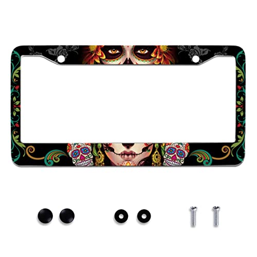 Sugar Skull Retro Stainless Steel License Plate Frame Fits US Standard (Sugar Skull Retro Skulls)