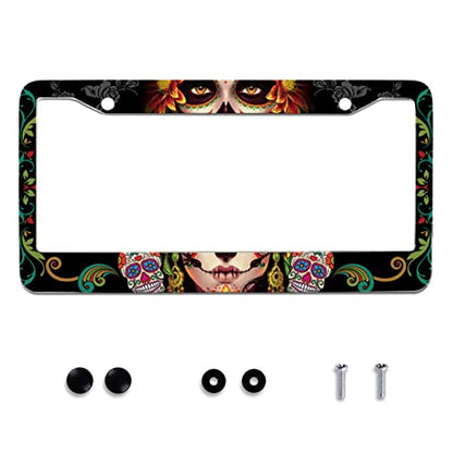 Sugar Skull Retro Stainless Steel License Plate Frame Fits US Standard (Sugar Skull Retro Skulls)