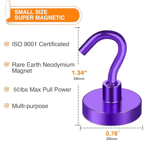 Magnetic Hooks 50Lbs+ Heavy Duty Magnet Hook for Cruise Cabins (Purple / 4Pack-40LB)