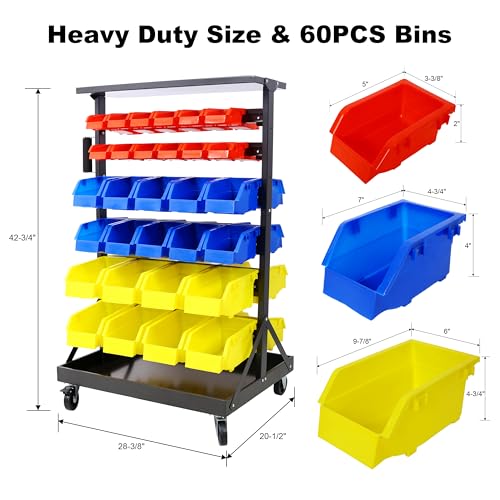 60 Parts Bin Rack Garage Storage Unit 6 Tiers System Steel Shelf with Portable Wheels (6 Tiers)
