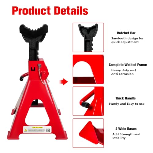 Jack Stands 6 Ton (6 Ton Double Pin Locking with Rubber Pads / Red)
