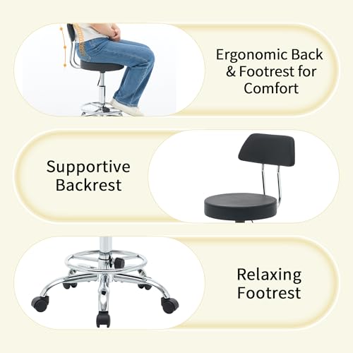 Rolling Stool with Back (Black / With Back & Footrest)