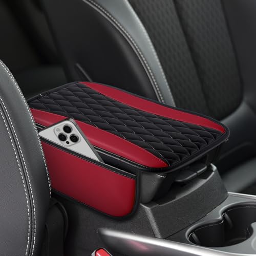 Leather Car Center Console Cover with Side Storage Pockets (BlackRed)