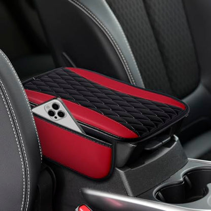 Leather Car Center Console Cover with Side Storage Pockets (BlackRed)