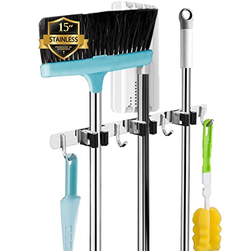Broom Holder Wall Mount (3 Racks & 4 Hooks (Silver) - 1 Pack)