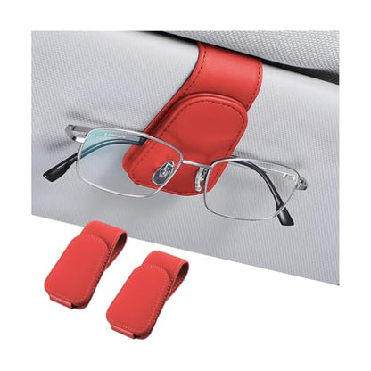 2PCS Sunglasses Holders for Car Sun Visor (2 Pack / Red/Leather)
