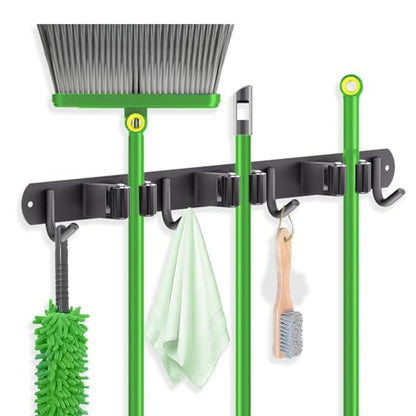 Wall Mount Broom Holder 3 Racks 4 Hooks Metal Tool Organizer Black (1Pack 3R4H / Black)