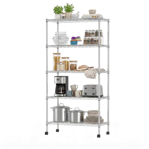 5 Tier Wire Shelf with Wheels (Chrome / 14"D x 30"W x 60"H)
