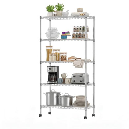 5 Tier Wire Shelf with Wheels (Chrome / 14"D x 30"W x 60"H)