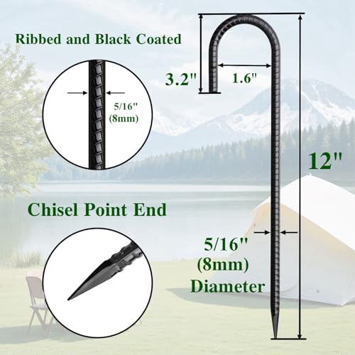 12 Inch Rebar Stakes 50 Pack J Hook Ground Stakes Heavy Duty Chain Link Fence Stakes Galvanized Anchors Metal Tent Stakes for Wire Fencing Concrete Forming Trampolines Camping Canopies Shed Swing (J-12"x5/16"-50pcs)