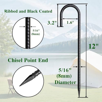 12 Inch Rebar Stakes 50 Pack J Hook Ground Stakes Heavy Duty Chain Link Fence Stakes Galvanized Anchors Metal Tent Stakes for Wire Fencing Concrete Forming Trampolines Camping Canopies Shed Swing (J-12"x5/16"-50pcs)
