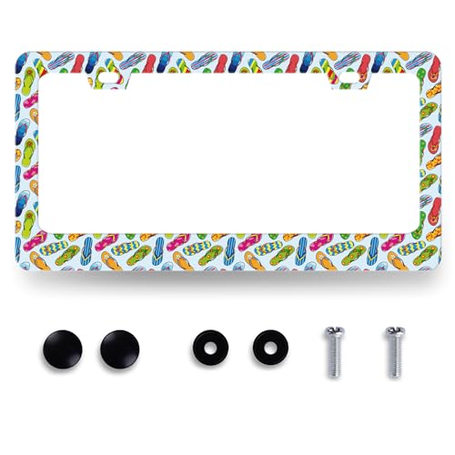 Stainless Steel Beach Flip Flops License Plate Frame 12.3 x 6.3 Inch (Funny Flip Flops Beach Print)